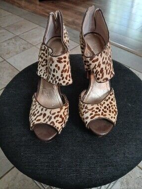 BCBGeneration Leopard Print Peep-Toe Heels in Brown and Cream